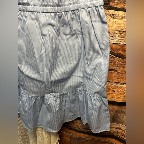 Ann Taylor Blue and White Pin Stripe Cold Shoulder Ruffle Dress (102) - Picture 5 of 9